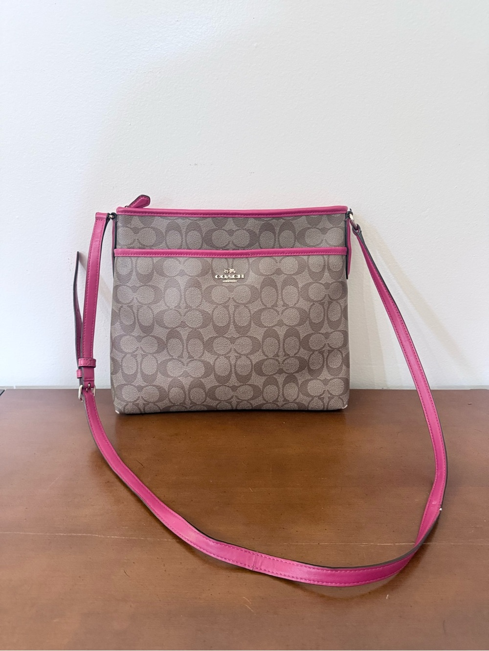 COACH Signature File Bag F58297 Brown Hot Pink Trim Cross Body PVC Leather Purse